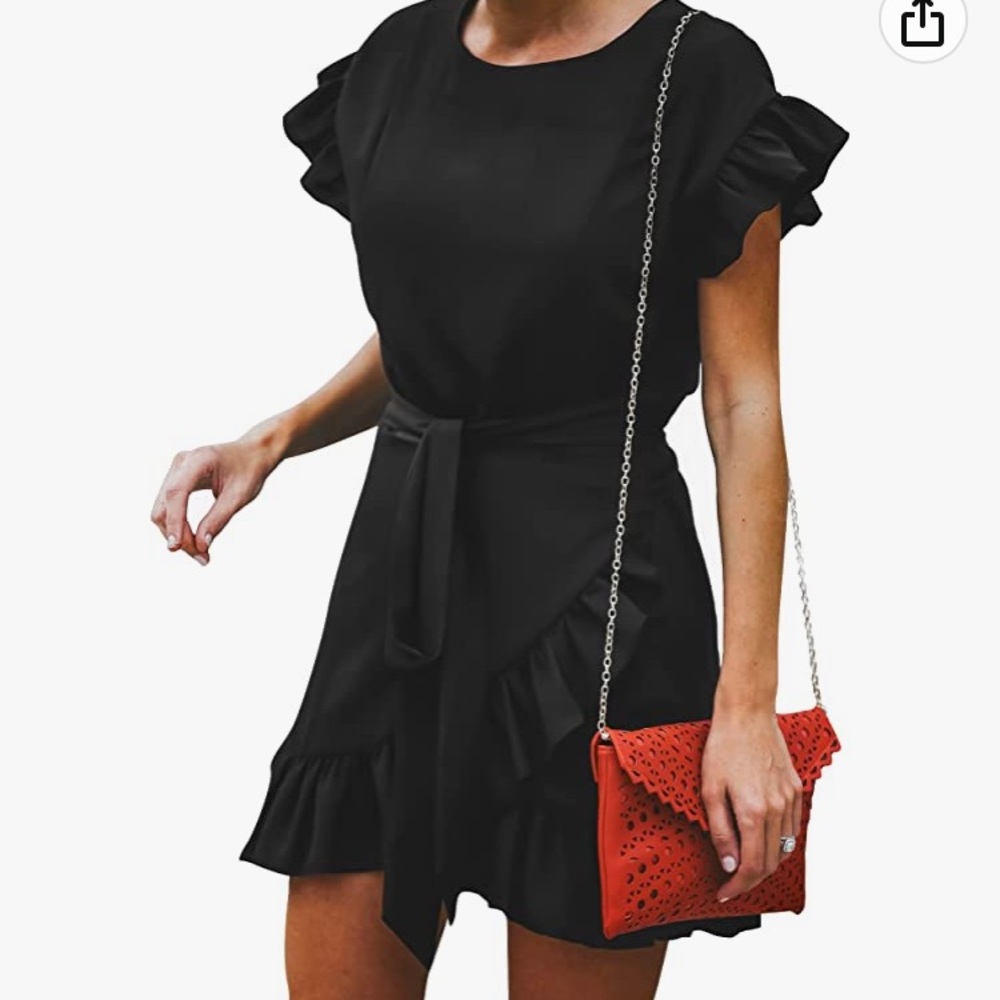 Tie waist ruffle black mini dress